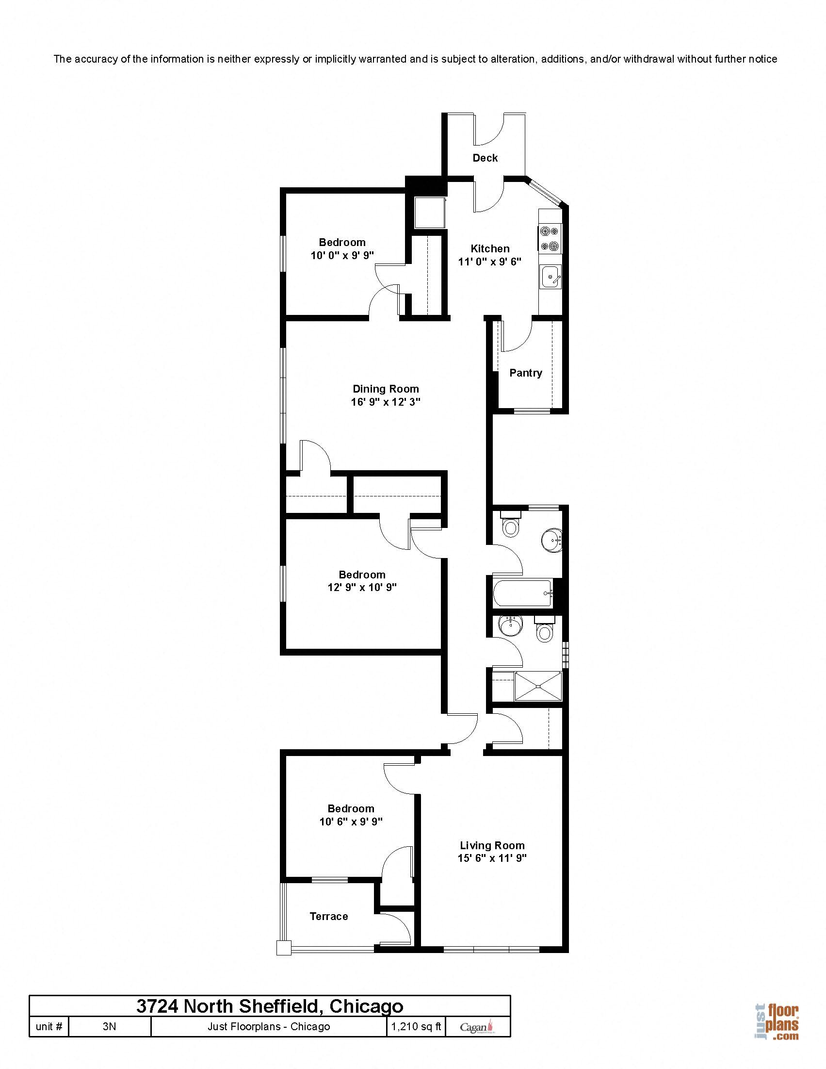 Floor plan for 3 beds, 2 baths, 1210 sqft